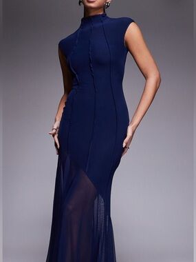 ASOS Navy High-Neck Maxi Dress with Sheer Skirt